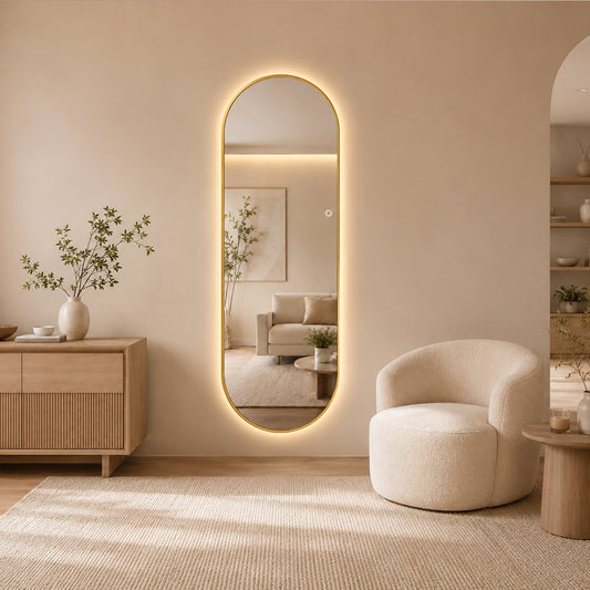 Helfigur Oval Spejl med LED-lys 60x170 cm - Guld ramme
