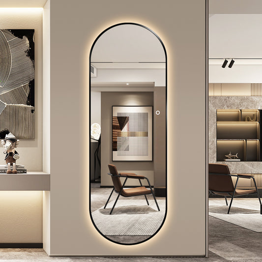 Elegant helfigur spejl med LED-lys, sort ramme. Mål 60x170 cm