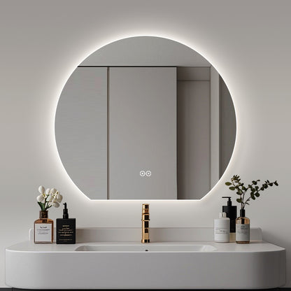 Ø100 cm spejl med antidug varme til badeværelset med lækkert dæmpbar LED- lys. Du kan ændre kelvin og lysstyrke direkte på spejlet.