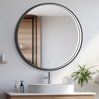 Rundt Spejl med LED-lys i Ramme og Antidug Ø100, Sort Ramme