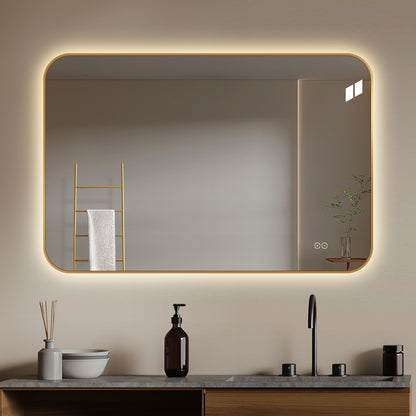Rektangulært Spejl, med LED-lys og Antidug 120x80 cm - Guld ramme, runde hjørner