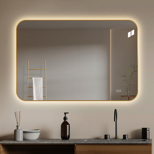 Rektangulært Spejl, med LED-lys og Antidug 120x80 cm - Guld ramme, runde hjørner
