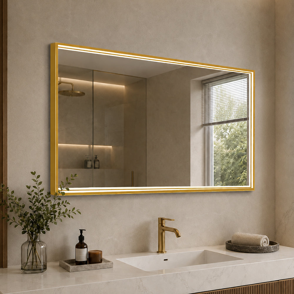 Rektangulært Spejl med LED-lys i Ramme og Antidug 120x80 cm, Guld Ramme