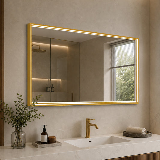 Rektangulært Spejl med LED-lys i Ramme og Antidug 120x80 cm, Guld Ramme