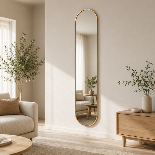 Ovalt helfigur spejl med guld ramme 26x160 cm på væg i entré ved bænk