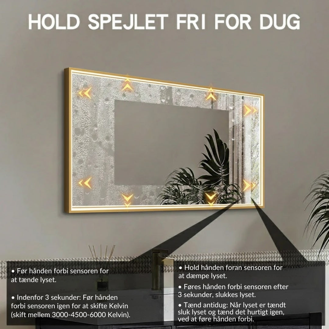 Rektangulært Spejl med LED-lys i Ramme og Antidug 120x80 cm, Guld Ramme