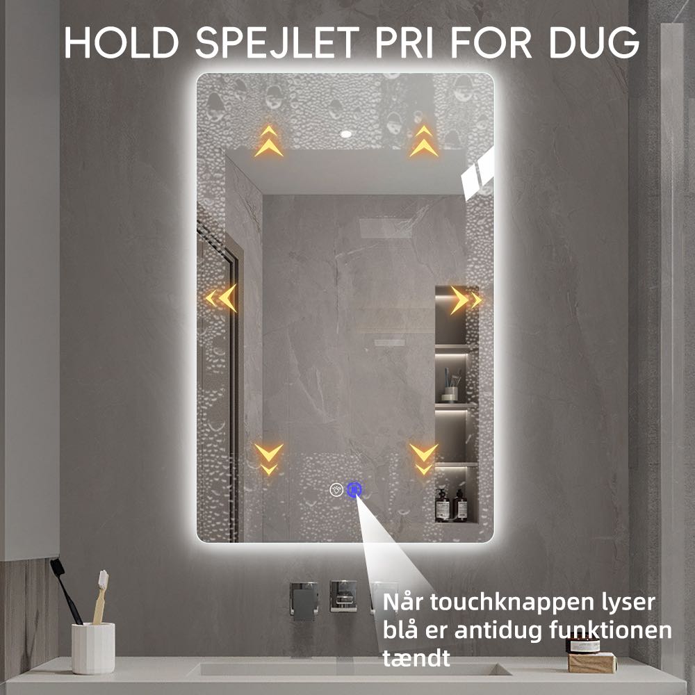 Rektangulært Spejl med LED-Lys og Antidug 50x80 cm