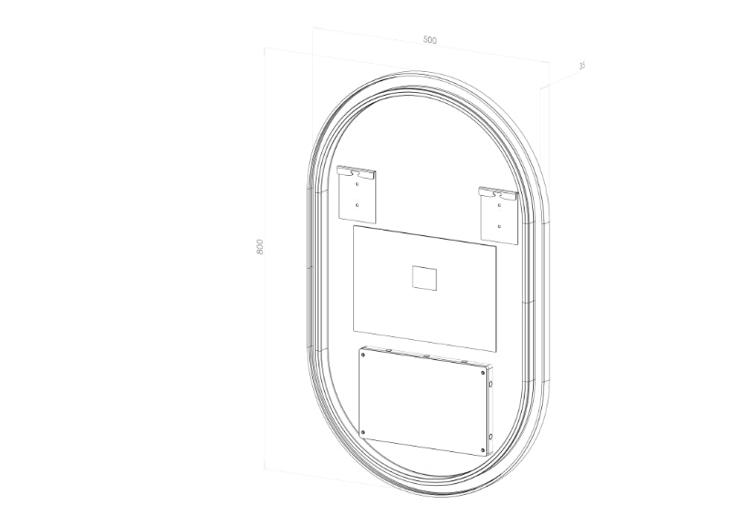 Badeværelsesspejl i oval form. 50 cm bred og 80 cm højt. Spejlet kommer med antidug varme funktion, LED-lys og sort ramme