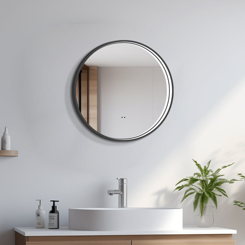 Rundt Spejl med LED-lys i Ramme og Antidug Ø60, Sort Ramme