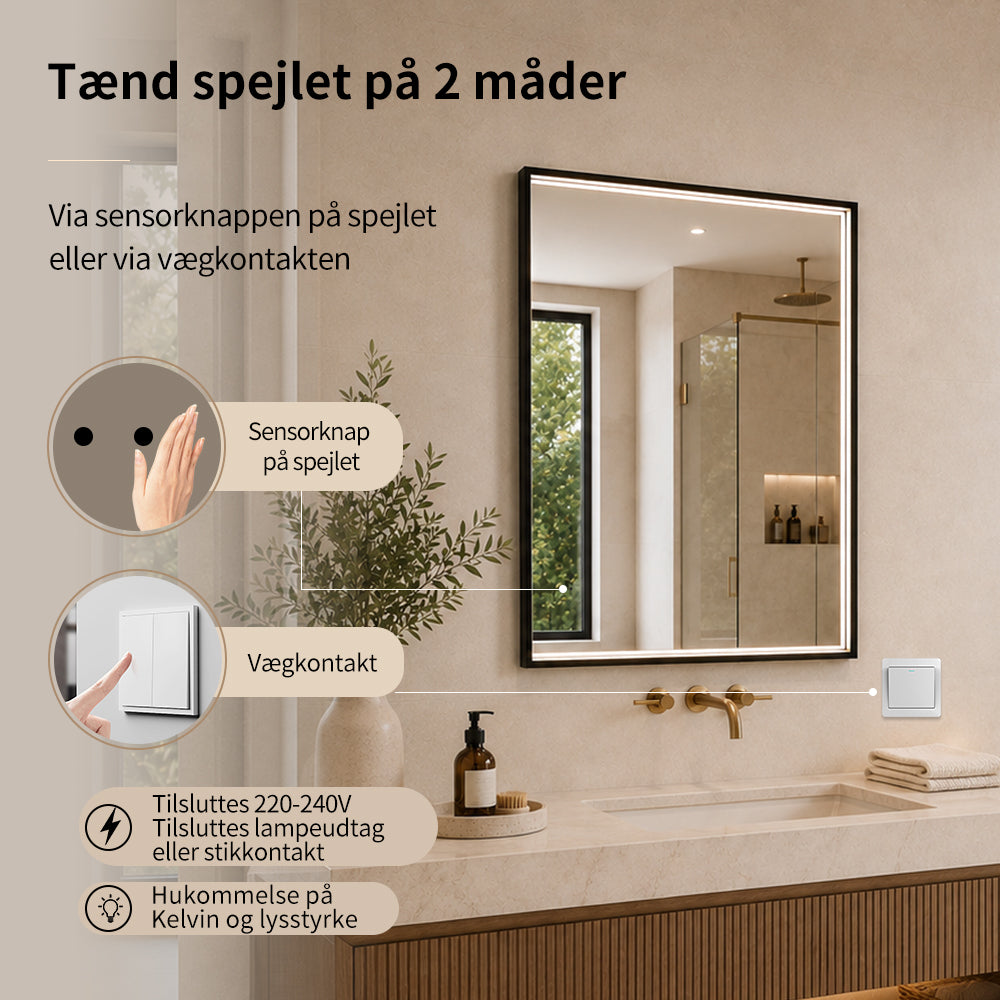 Rektangulært Spejl med LED-lys i Ramme og Antidug 60x80 cm, Sort Ramme