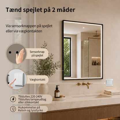 Rektangulært Spejl med LED-lys i Ramme og Antidug 60x80 cm, Sort Ramme