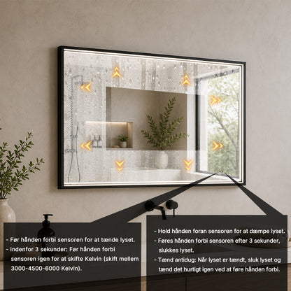 Rektangulært Spejl med LED-lys i Ramme og Antidug 80x60 cm, Sort Ramme