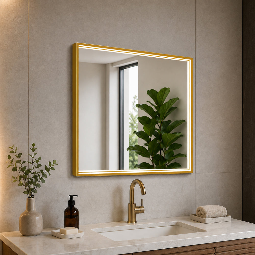 Firkantet Spejl med LED-lys i Ramme og Antidug 80x80 cm, Guld Ramme