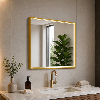 Firkantet Spejl med LED-lys i Ramme og Antidug 80x80 cm, Guld Ramme