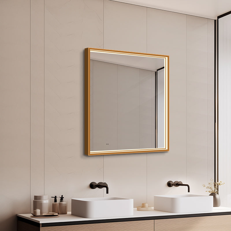 Firkantet Spejl med LED-lys i Ramme og Antidug 80x80 cm, Guld Ramme