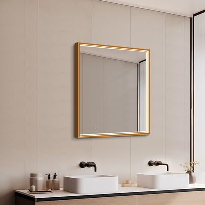 Firkantet Spejl med LED-lys i Ramme og Antidug 80x80 cm, Guld Ramme