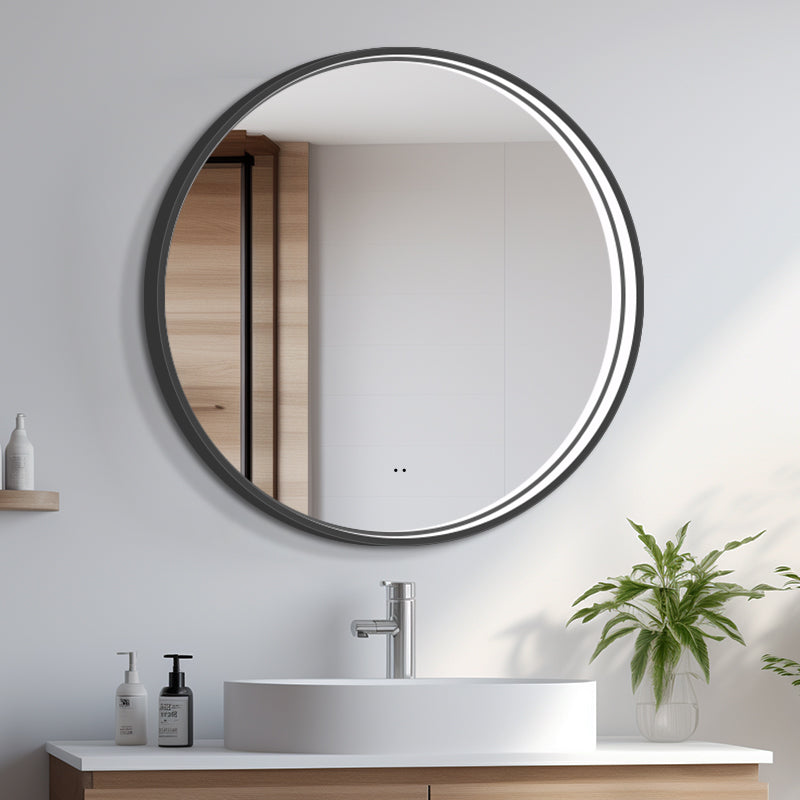 Rundt Spejl med LED-lys i Ramme og Antidug Ø90, Sort Ramme