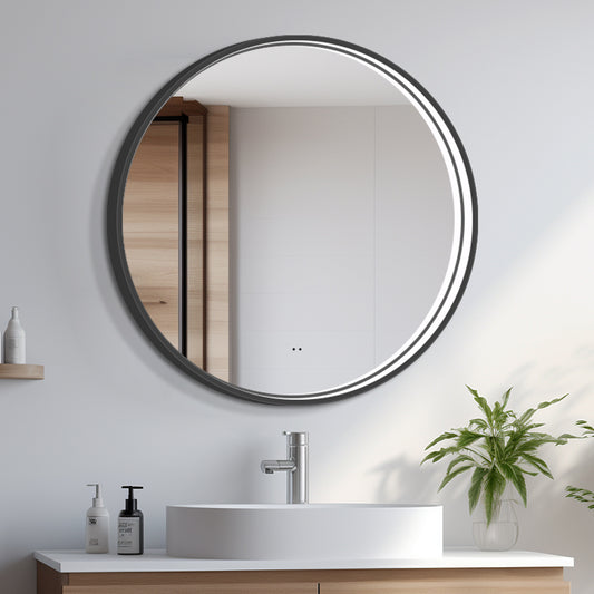 Rundt Spejl med LED-lys i Ramme og Antidug Ø90, Sort Ramme