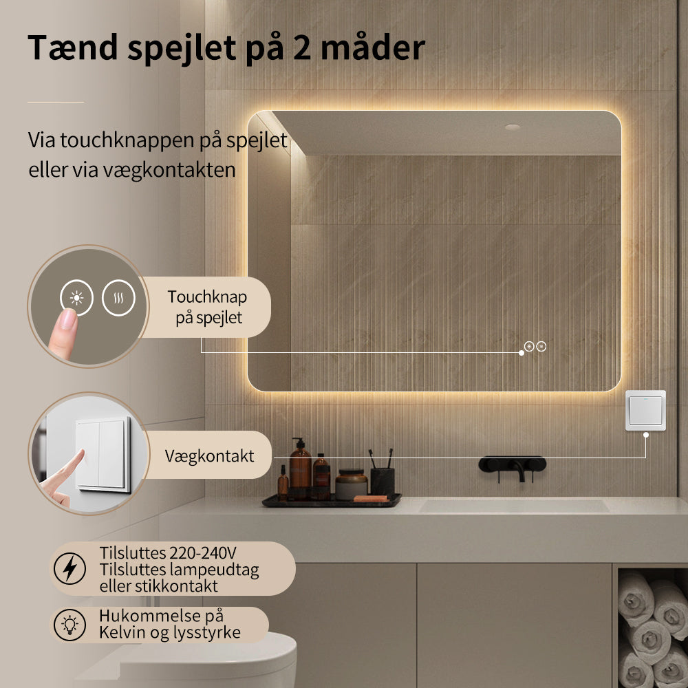 Rektangulært Spejl med LED-lys og Antidug 80x60 cm