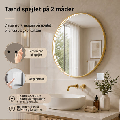 Rundt Spejl med LED-lys i Ramme og Antidug Ø80, Guld Ramme