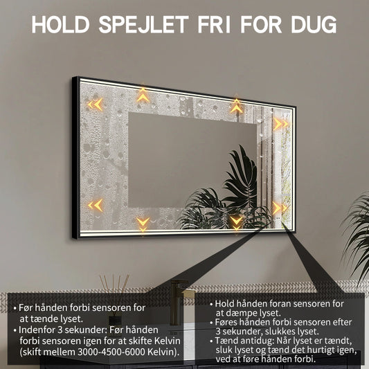 Rektangulært Spejl med LED-lys i Ramme og Antidug 120x80 cm, Sort Ramme