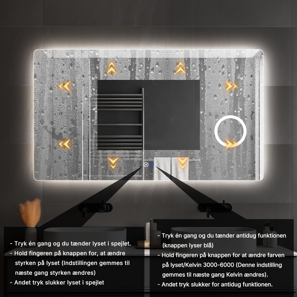 Rektangulært Spejl med LED-lys og Antidug 140x80 cm m/makeup spejl