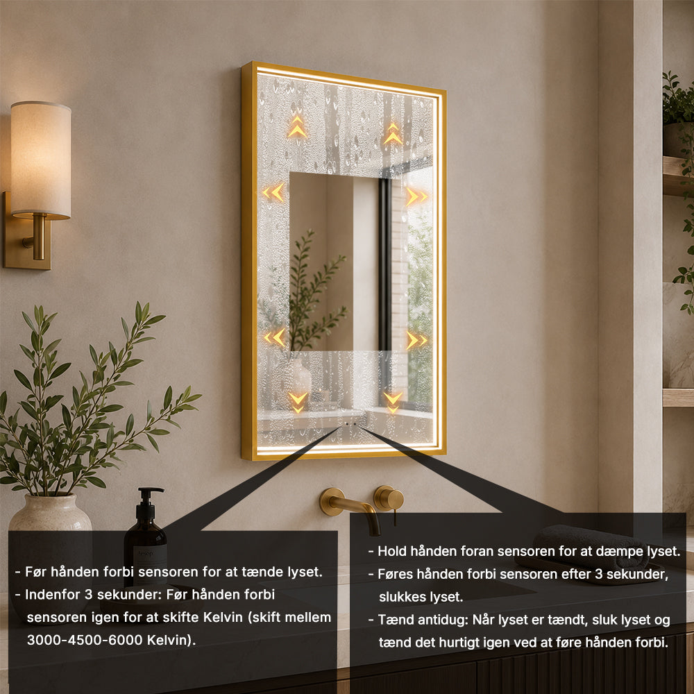 Rektangulært Spejl med LED-lys i Ramme og Antidug 50x80 cm, Guld Ramme