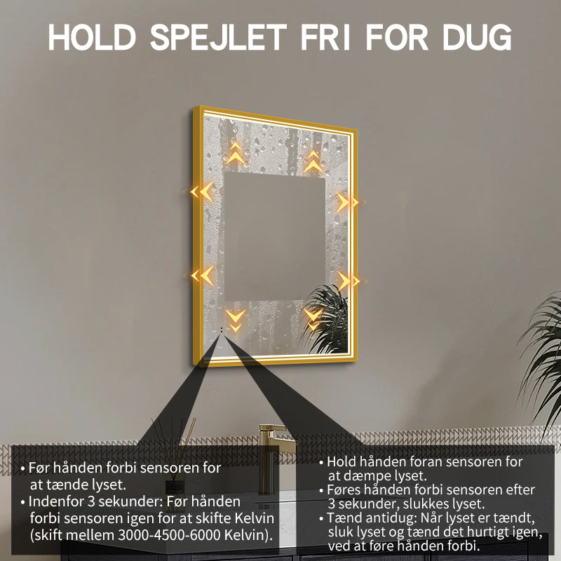 Rektangulært Spejl med LED-lys i Ramme og Antidug 50x80 cm, Guld Ramme