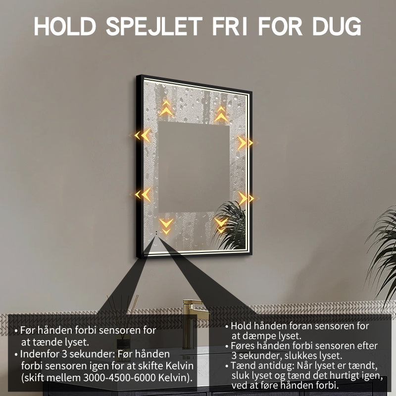 Rektangulært Spejl med LED-lys i Ramme og Antidug 60x80 cm, Sort Ramme