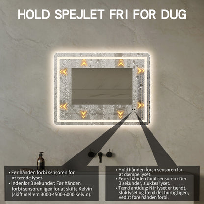 Firkantet Spejl med LED-lys (front + backlight) og Antidug 80x60 cm