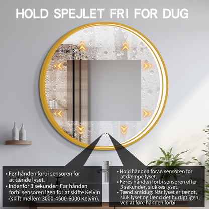 Rundt Spejl med LED-lys i Ramme og Antidug Ø100, Guld Ramme