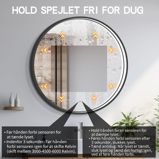 Rundt Spejl med LED-lys i Ramme og Antidug Ø100, Sort Ramme