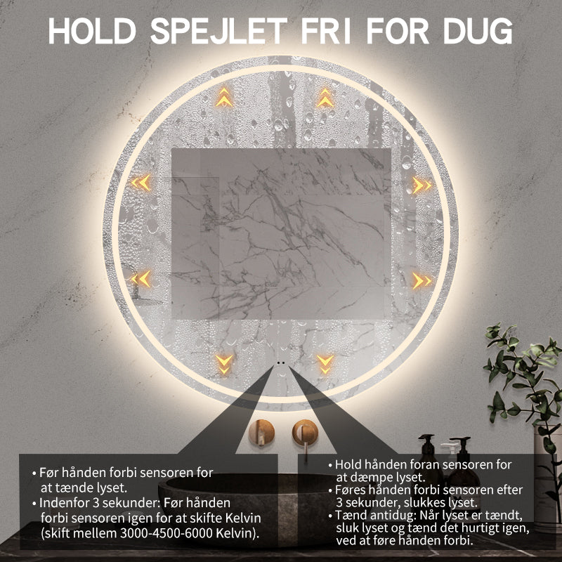 Rundt Spejl med LED-lys (front + backlight) og Antidug Ø100 cm