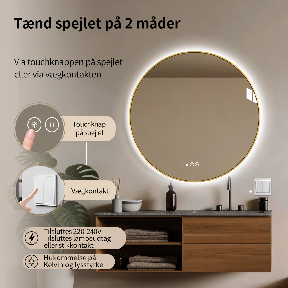 Rundt spejl med LED-lys og Antidug Ø80 cm m/guld ramme