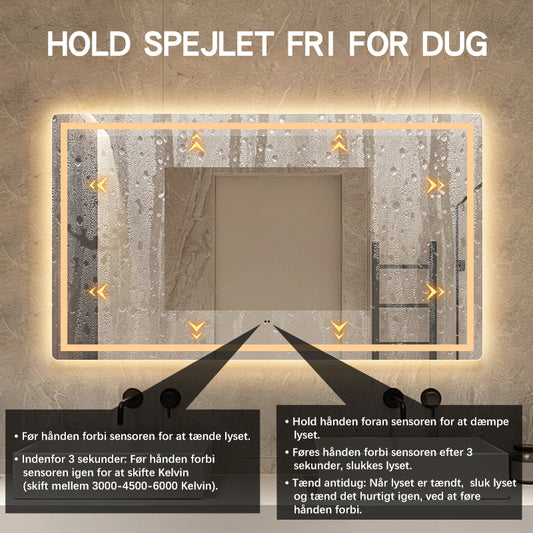 Firkantet Spejl med Frontlight LED-lys og Antidug 140x80 cm