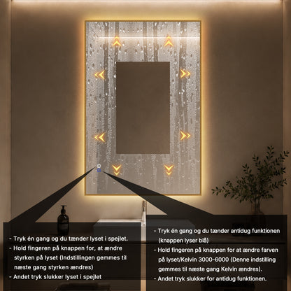 Rektangulært Spejl med LED-lys og Antidug 80x120 cm - Guld ramme 90º
