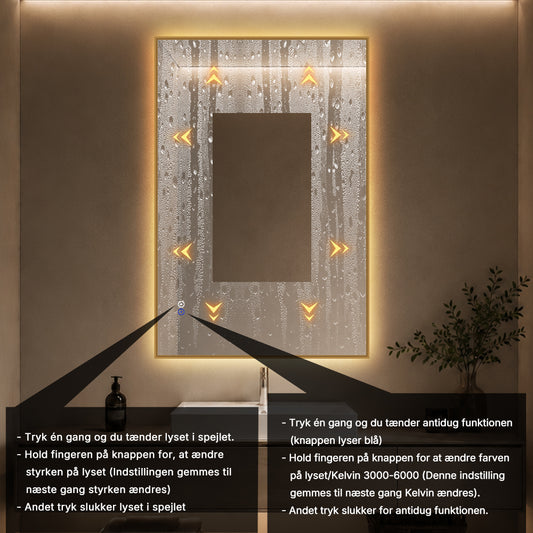 Rektangulært Spejl med LED-lys og Antidug 80x120 cm - Guld ramme 90º