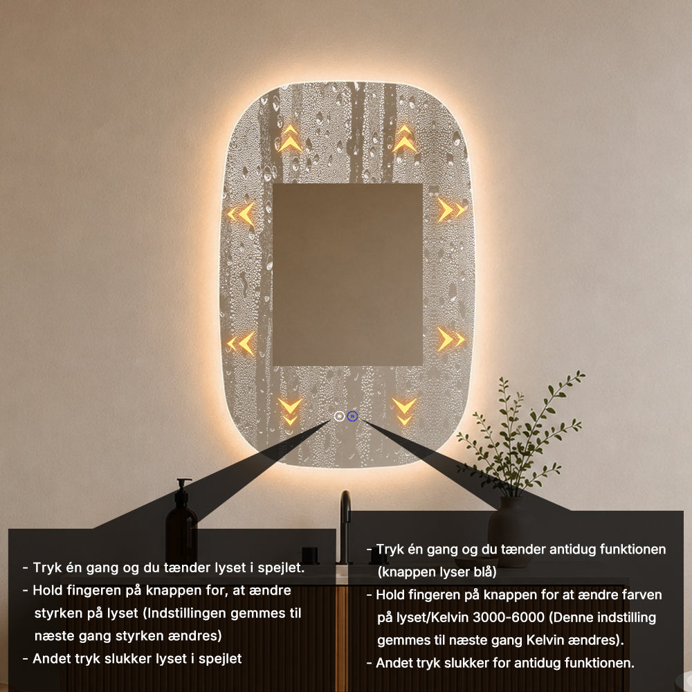 Elipseformet spejl med LED-lys og Antidug 60x90 cm