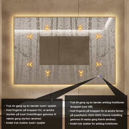 Rektangulært Spejl med LED-lys og Antidug 120x80 cm - Guld ramme 90º