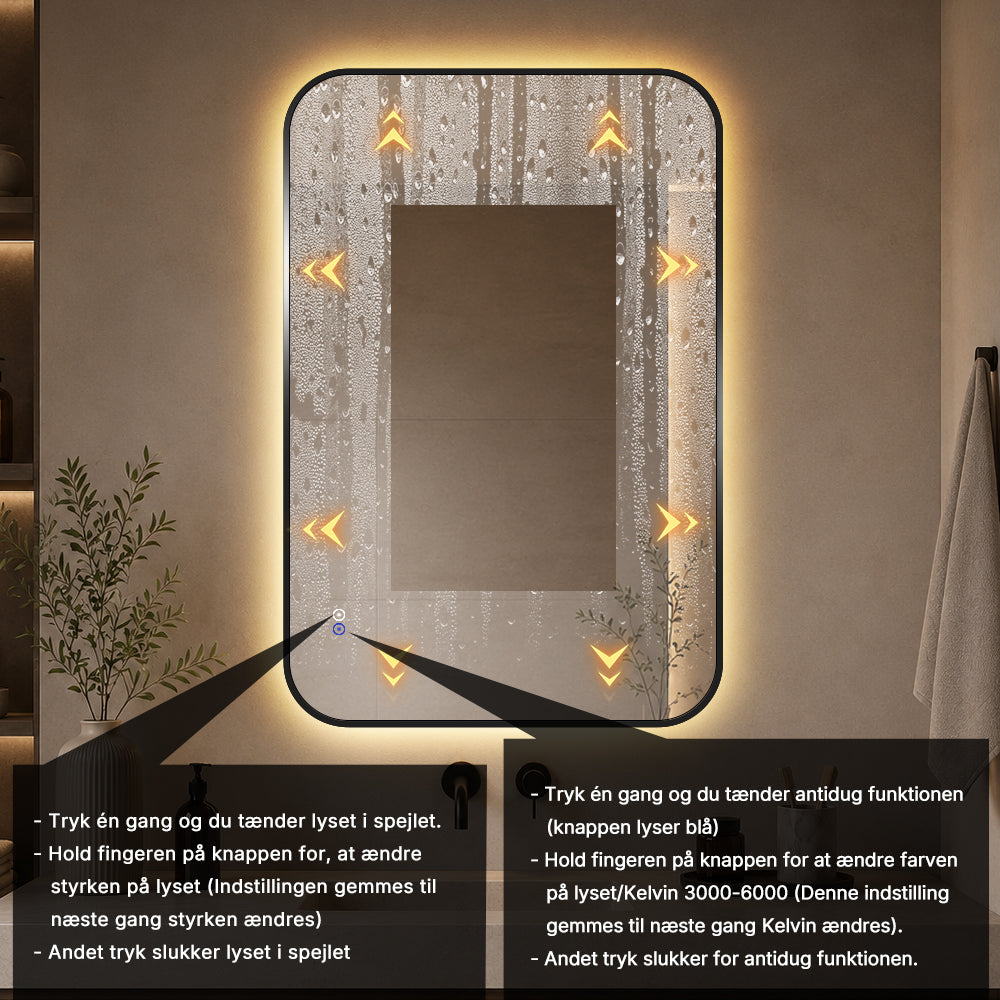 Rektangulært Spejl, med LED-lys og Antidug 80x120 cm - Sort ramme, runde hjørner