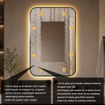 Rektangulært Spejl, med LED-lys og Antidug 80x120 cm - Sort ramme, runde hjørner