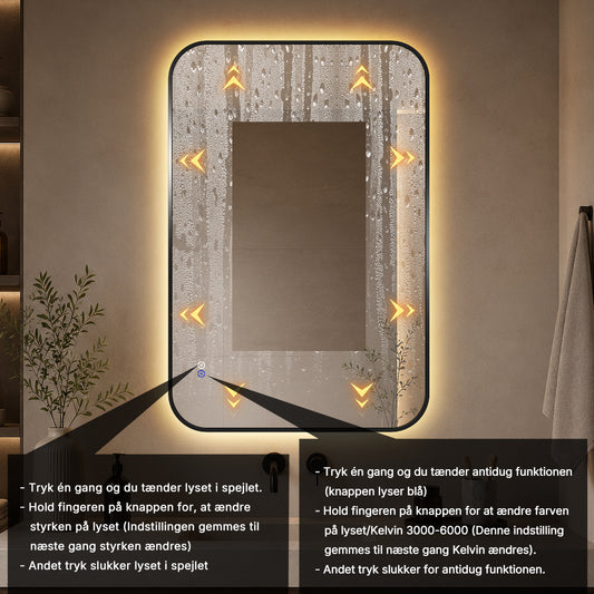 Rektangulært Spejl, med LED-lys og Antidug 80x120 cm - Sort ramme, runde hjørner
