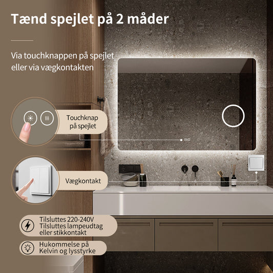 Rektangulært Spejl med LED-lys og Antidug 120x80 cm m/makeup spejl