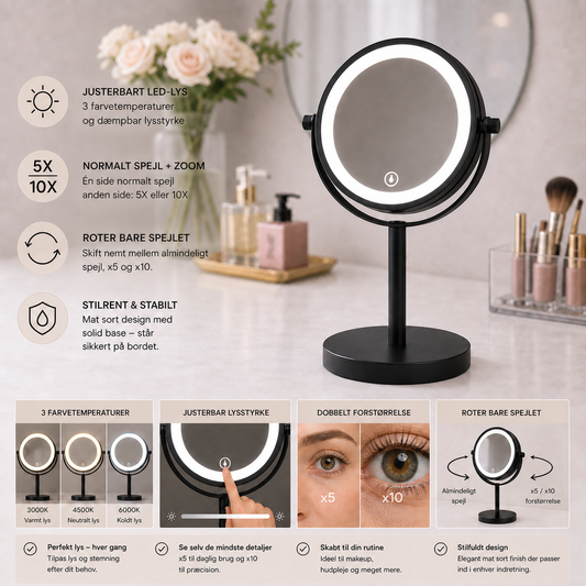 Makeup Spejl m/Forstørrelse X5 og X10 og LED-lys til Bord - Sort