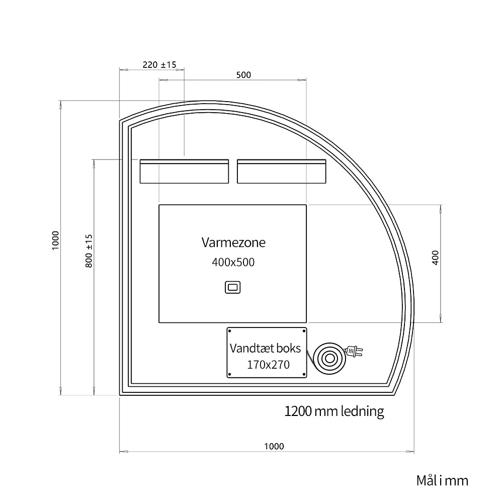 1/4 Rund spejl med LED-lys og Antidug 100x100 cm (Venstrevendt)