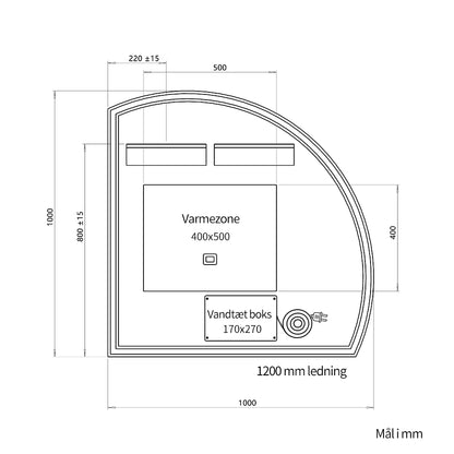 1/4 Rund spejl med LED-lys og Antidug 100x100 cm (Venstrevendt)