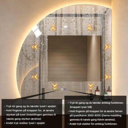 1/4 Rund spejl med LED-lys og Antidug 100x100 cm (Venstrevendt)