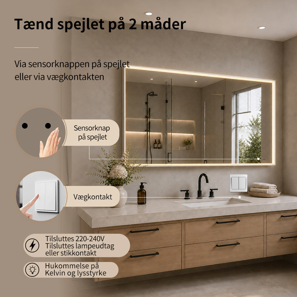 Rektangulært Spejl med LED-lys i Ramme og Antidug 120x80 cm, Hvid Ramme