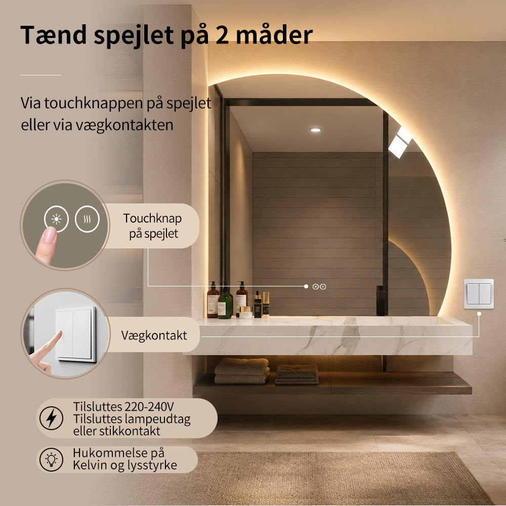 1/4 Rund spejl med LED-lys og Antidug 100x100 cm (Højrevendt)
