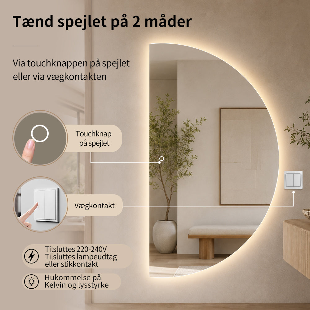 Halvcirkel spejl med LED-lys 100x180 cm (Højrevendt)